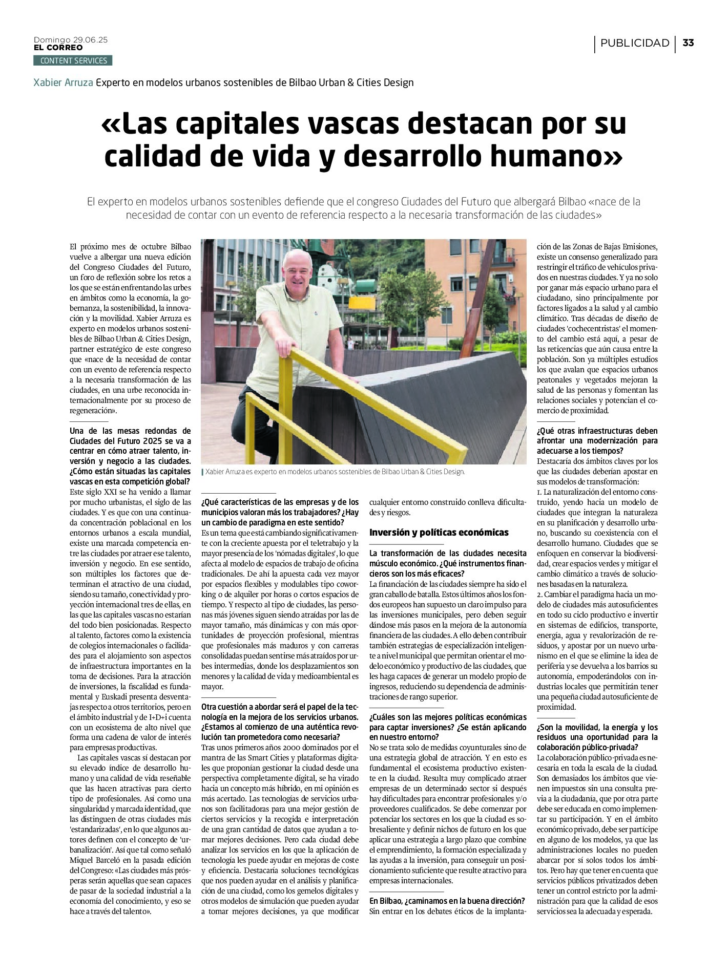 «Las capitales vascas destacan por su calidad de vida y desarrollo humano»